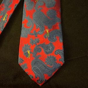 Carven vintage golfer motif red and blue paisley silk tie